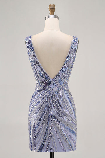 Glittrande lila V-ringad paljetter Bodycon Homecoming Klänning